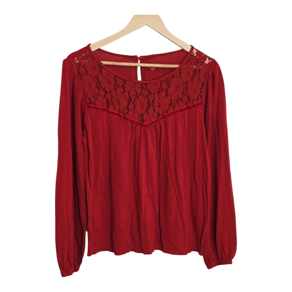 LOFT Outlet Red Lace Trim Long Sleeve Peasant‎ Blouse Top Women's M Chic